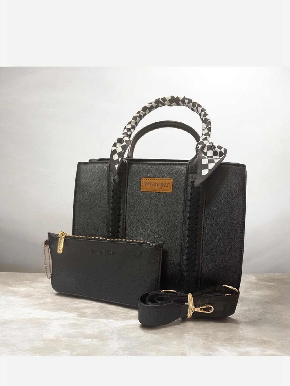 Wrangler Black Faux Leather Tote with Removable Pouch and Detachable Strap